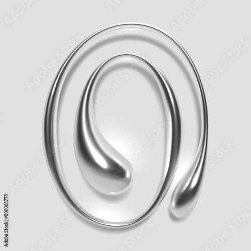 3D liquid metal letter O melted, with a glossy reflective surface and abstract fluid droplet shape, featuring a silver or chrome gradient. Isolated vector for Y2K design alphabet font