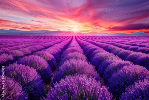 Beautiful french lavender field glowing under the enchanting hues of a breathtaking sunset