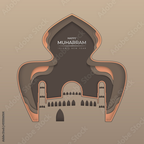Happy Muharram Islamic new year greeting illustration in papercut style