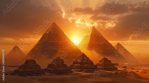 Sunset over the Pyramids of Giza  mystical atmosphere  ancient Egypt