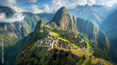 Panoramic view of Machu Picchu, Incan ruins, lush mountains, historical site photo