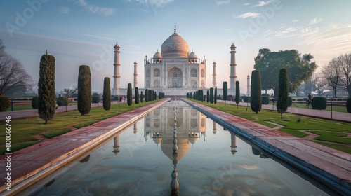 Taj Mahal at sunrise, iconic Indian monument, historical site