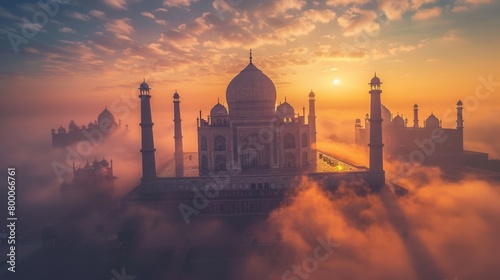 Taj Mahal at sunrise, iconic Indian monument, historical site