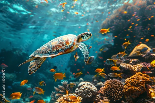photo of Sea turtle in the island .sea turtle close up over coral reef in Hawaii ,curious sea turtle swimming gracefully through clear turquoise waters, its intricate shell adorned with barnacles  © Sittipol 