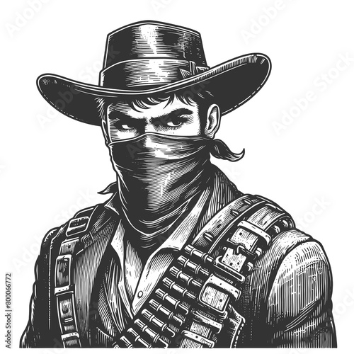 rugged outlaw from the Old West, wearing a bandana and ammo bandolier, stern look sketch engraving generative ai fictional character raster illustration. Scratch board imitation. Black and white image