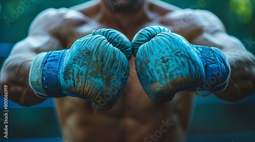 Over a dark room backdrop, a pumped-up man is getting ready to put boxing gloves over for an exercise or boxing battle and space, Generative AI.
