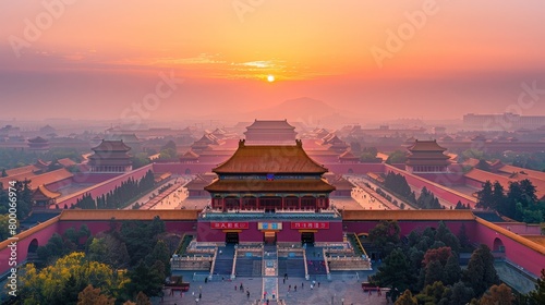 Panoramic view of the Forbidden City, imperial Chinese architecture, historical site © mozzang