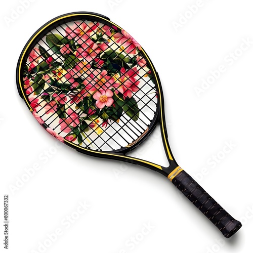 tennis racket with beautiful flowers on white background