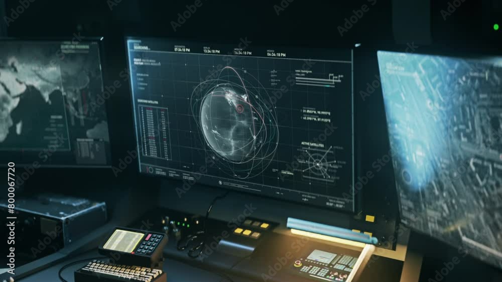 Spy computer system interface is searching for satellite positions on a map. Spy computer system interface locates target. Spy computer software interface locates target position by three satellites Spy computer system interface is searching for satellite positions on a map. Spy computer system interface locates target. Spy computer software interface locates target position by three satellites