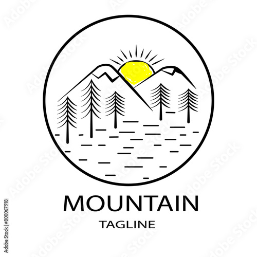 landscape mountain outdoor adventure hand draw sketch line art logo template vector illustration design. simple modern cottage or cabin travel, exploration, and expedition concept