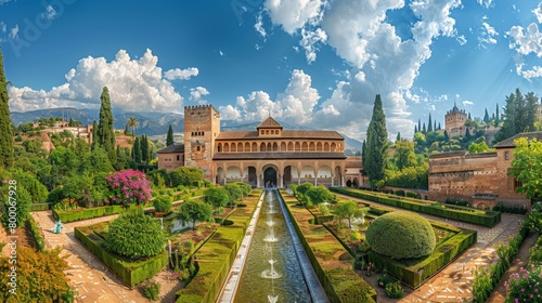 High-angle view of the Alhambra's Generalife gardens, Moorish architecture, historical site photo