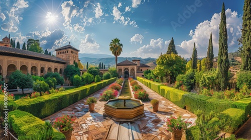 High-angle view of the Alhambra's Generalife gardens, Moorish architecture, historical site photo