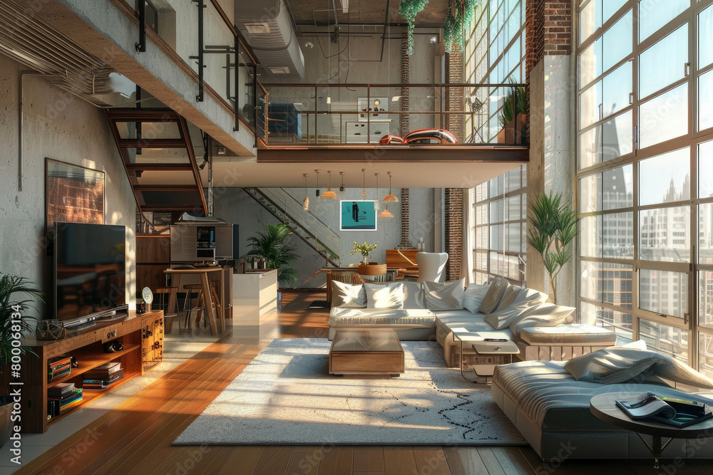 modern room interior in loft style. With decorative elements and furniture in loft style.