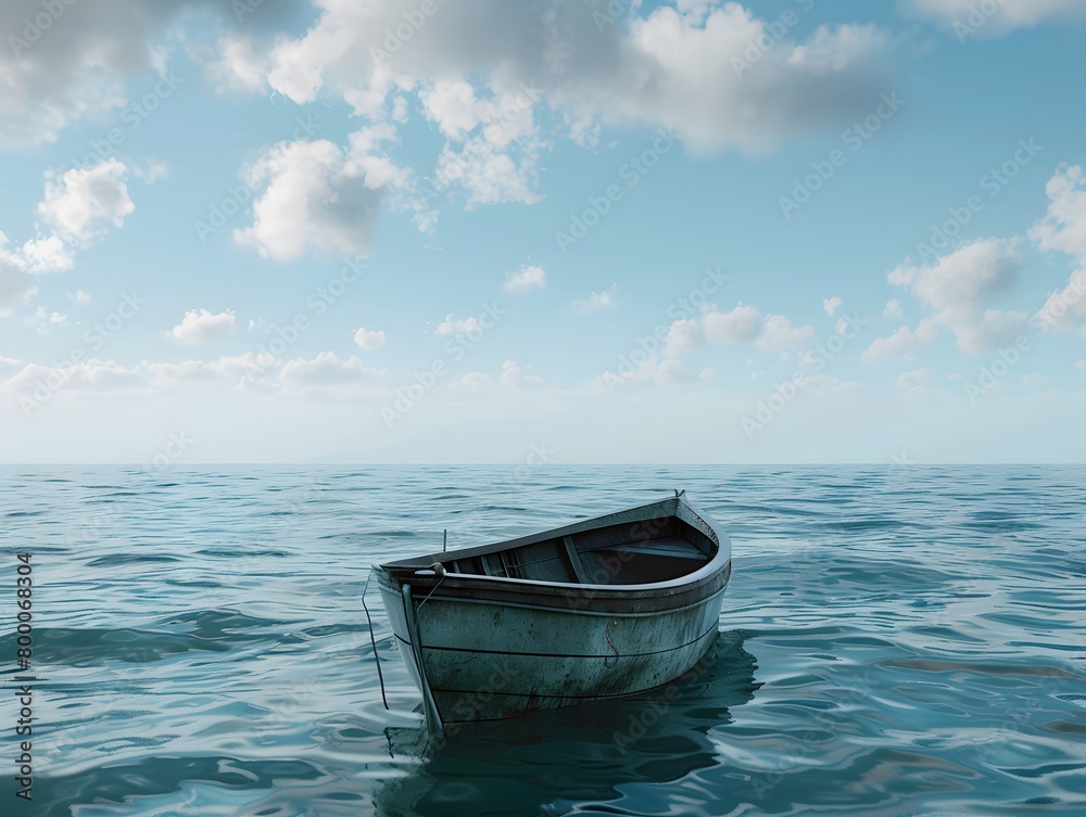 A wooden boat floating in the middle of the sea, from the concept of the depressed feelings of patients with depression.