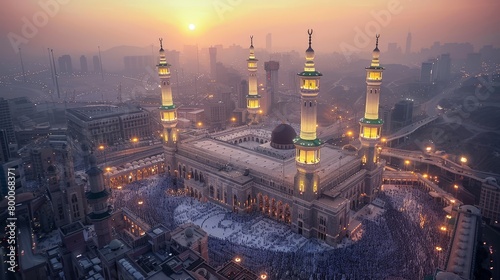 High-angle view of the Great Mosque of Mecca, religious center, historical site