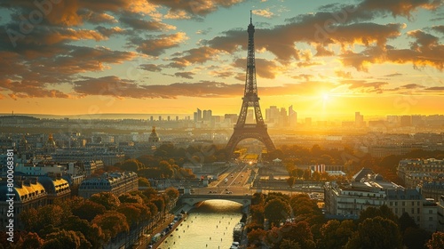 Panoramic view of the Eiffel Tower, iconic Paris landmark, historical site photo