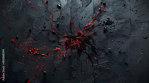 The background of the canvas is splashed with black paint.