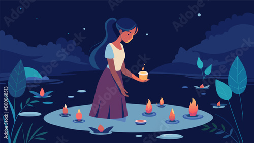 A young girl stands at the edge of a lake surrounded by candles and flowers floating on the waters surface. She pours water from a small cup as she. Vector illustration