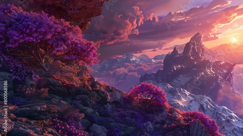 fantasy landscape with mountains, cliffs, and cherry blossoms at sunset