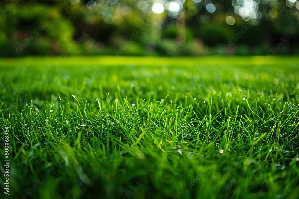 Detailed close up of lush bermuda grass lawn in vibrant and deep green color tones