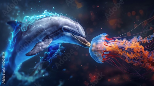A beautiful digital painting of a dolphin swimming in the ocean with a jellyfish