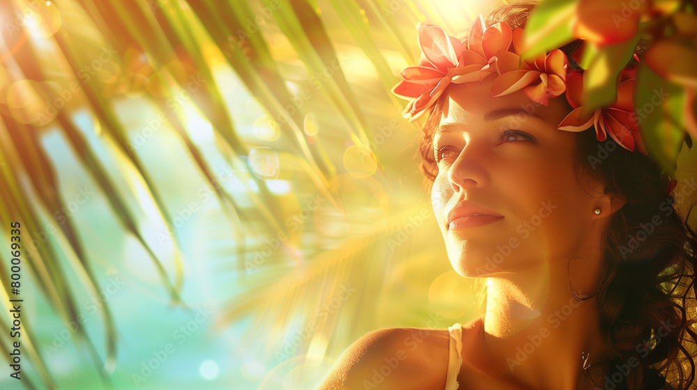 Fototapeta premium Woman with a floral crown in golden sunlight.
