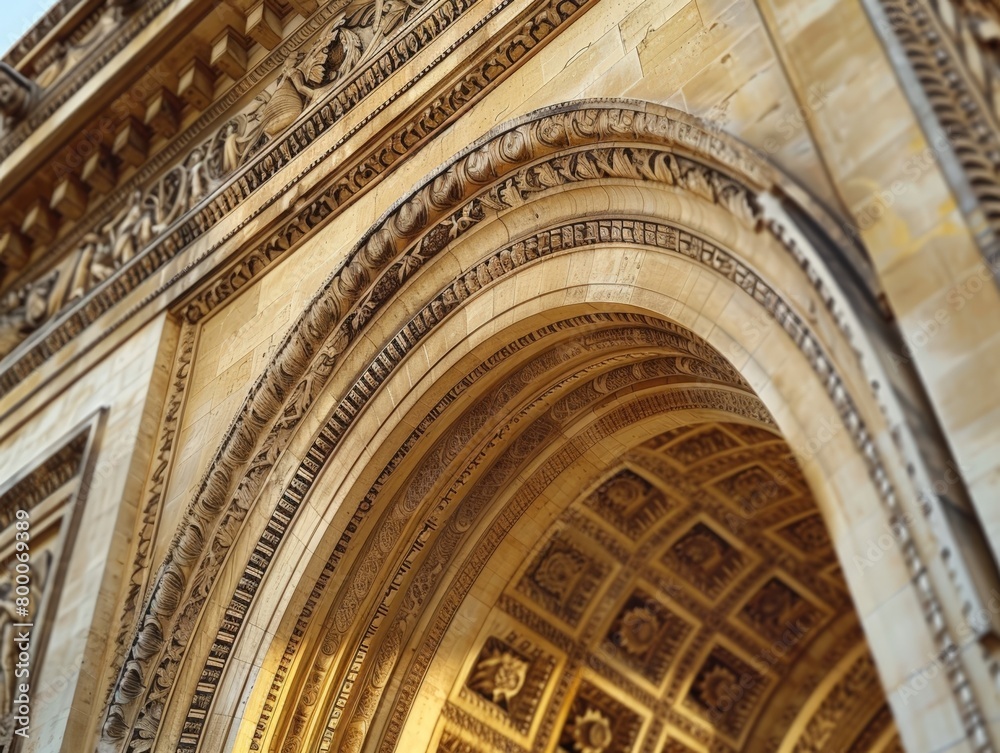 Close-up view of the Arc de Triomphe, intricate French architecture