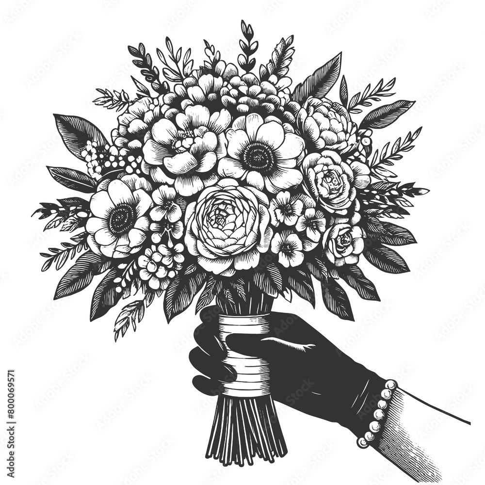 Fototapeta premium lush bridal bouquet with diverse flowers and foliage, perfect for vintage-themed projects sketch engraving generative ai raster illustration. Scratch board imitation. Black and white image.