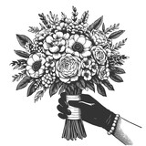 lush bridal bouquet with diverse flowers and foliage, perfect for vintage-themed projects sketch engraving generative ai raster illustration. Scratch board imitation. Black and white image.