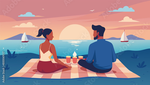 The couple sat on a picnic blanket surrounded by flickering candles and the calming sound of the ocean conversing and gazing at the stunning beach. Vector illustration