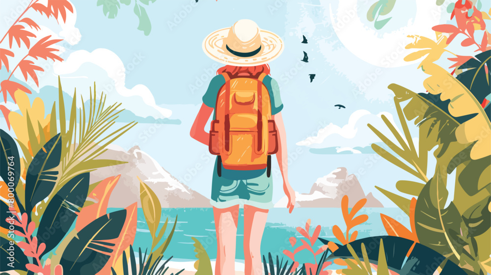 Female traveler with backpack outdoors Vectot style vector