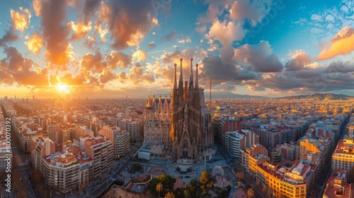 Panoramic view of the Sagrada Familia in Barcelona, iconic Spanish church