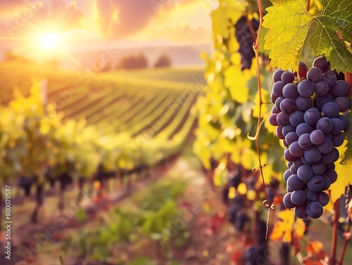 Illustrate a vast vineyard at sunset with rows of ripe grapes glistening under the golden rays, hinting at the pungent aroma of fermented wine wafting through the air