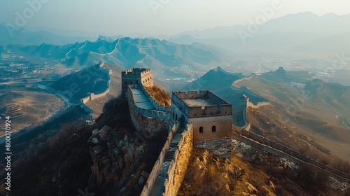 High-angle view of the Great Wall of China, majestic landscape, historical site