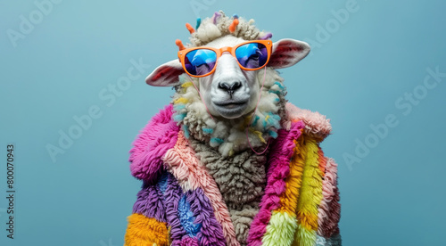a sheep in colorful and sunglasses posing for the camera © Edgar Martirosyan