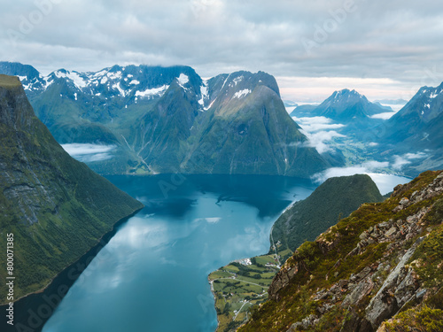 Norway fjord and mountains landscape Hjorundfjord aerial view travel in Sunnmore Alps summer season beautiful destinations morning scenery scandinavian nature photo