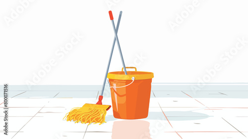 Floor mop with bucket on white background Vector style photo