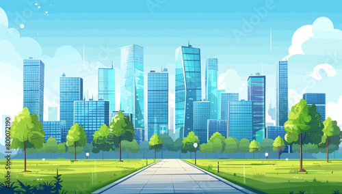 a city with tall buildings and a paved road