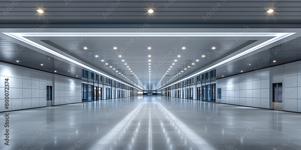 An Empty Corridor of a Modern Business Center, Very long room with bunch of lights on the ceiling
