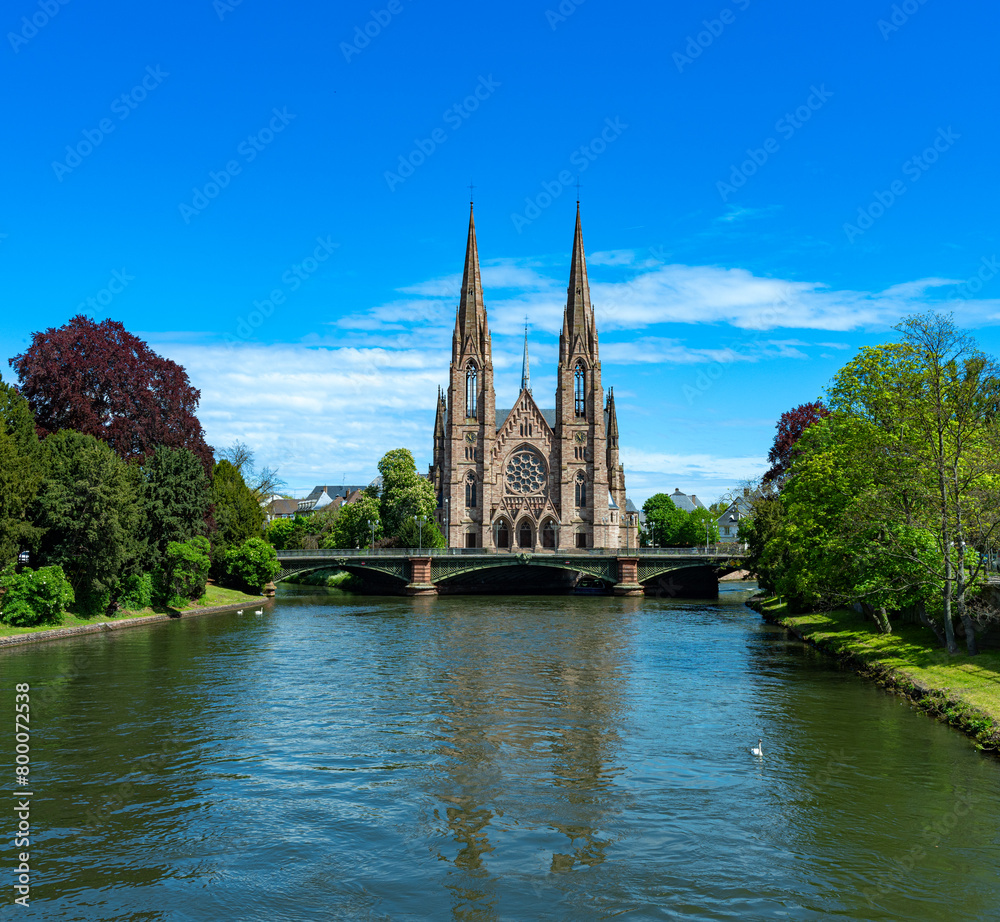 Cityscape of Strasbourg and the Reformed Church Saint Paul. France, Europe.