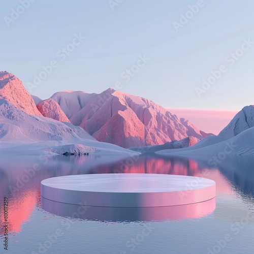 A podium set against a backdrop of light pink mountains under a blue sky, with calm water reflecting light in the foreground.