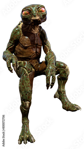 3D Rendering Green Alien on White