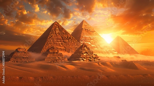 Sunset view of the Pyramids of Giza  mystical atmosphere  ancient Egyptian ruins