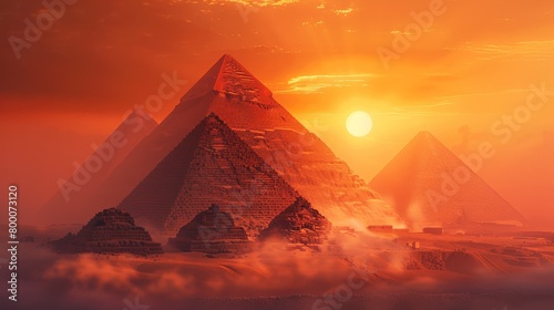 Sunrise over the Pyramids of Giza  ancient Egyptian monuments  mystical atmosphere