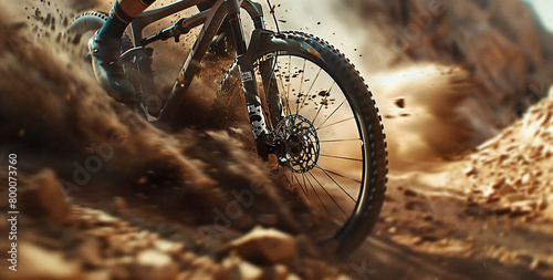 close-up of a man in sports gear rushing at wild speed on a mountain bike along a dusty dangerous mountain track, dirt and dust flying from under the wheels.