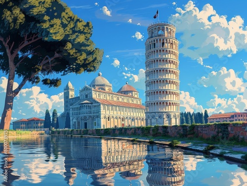Panoramic view of the Tower of Pisa, famous Italian landmark photo