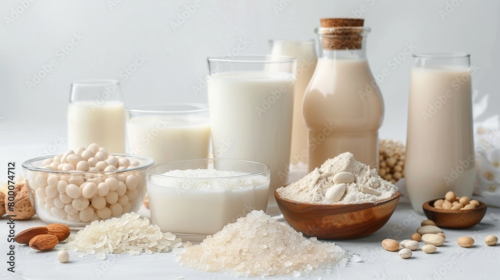 Vivid close-up of assorted milk beverages including cow's milk, almond milk, and soy milk, isolated on a pure white background, studio lighting, in raw style Vivid close-up of assorted milk beverages including cow's milk, almond milk, and soy milk, isolated on a pure white background, studio lighting, in raw style