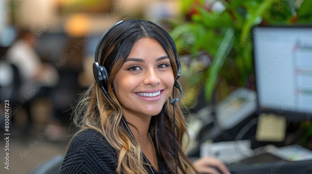 A Hispanic woman with a joyful expression wearing a headset, seated in front of a computer monitor A Hispanic woman with a joyful expression wearing a headset, seated in front of a computer monitor