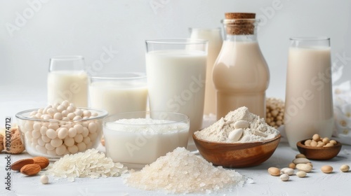 Vivid close-up of assorted milk beverages including cow's milk, almond milk, and soy milk, isolated on a pure white background, studio lighting, in raw style