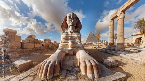 Panoramic view of the Sphinx's detailed carvings, ancient Egyptian monument photo